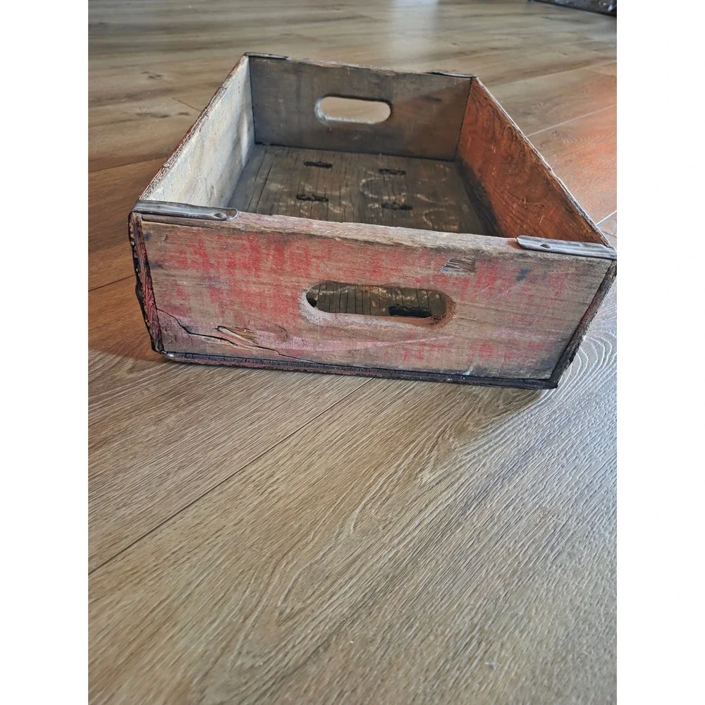 Vintage 70s Coca-Cola Wooden Soda Crate Red Rustic Metal Reinforced Storage Box